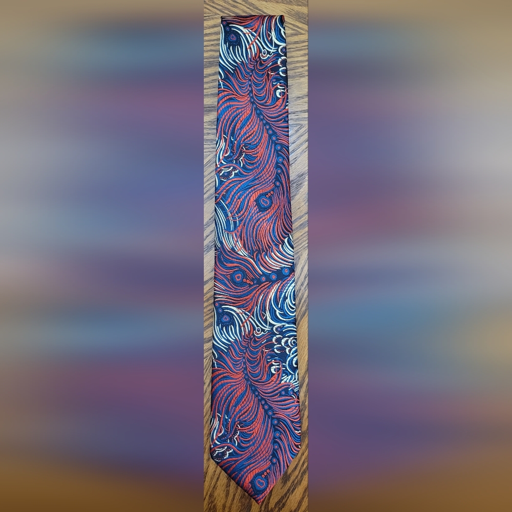 Mens Red Navy Gold Feather Design Necktie Tie NWOT Twenty Dollar Tie Co